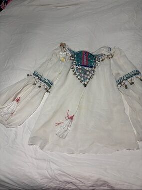 Boho Embroidered Ivory Peasant Top with Tassels